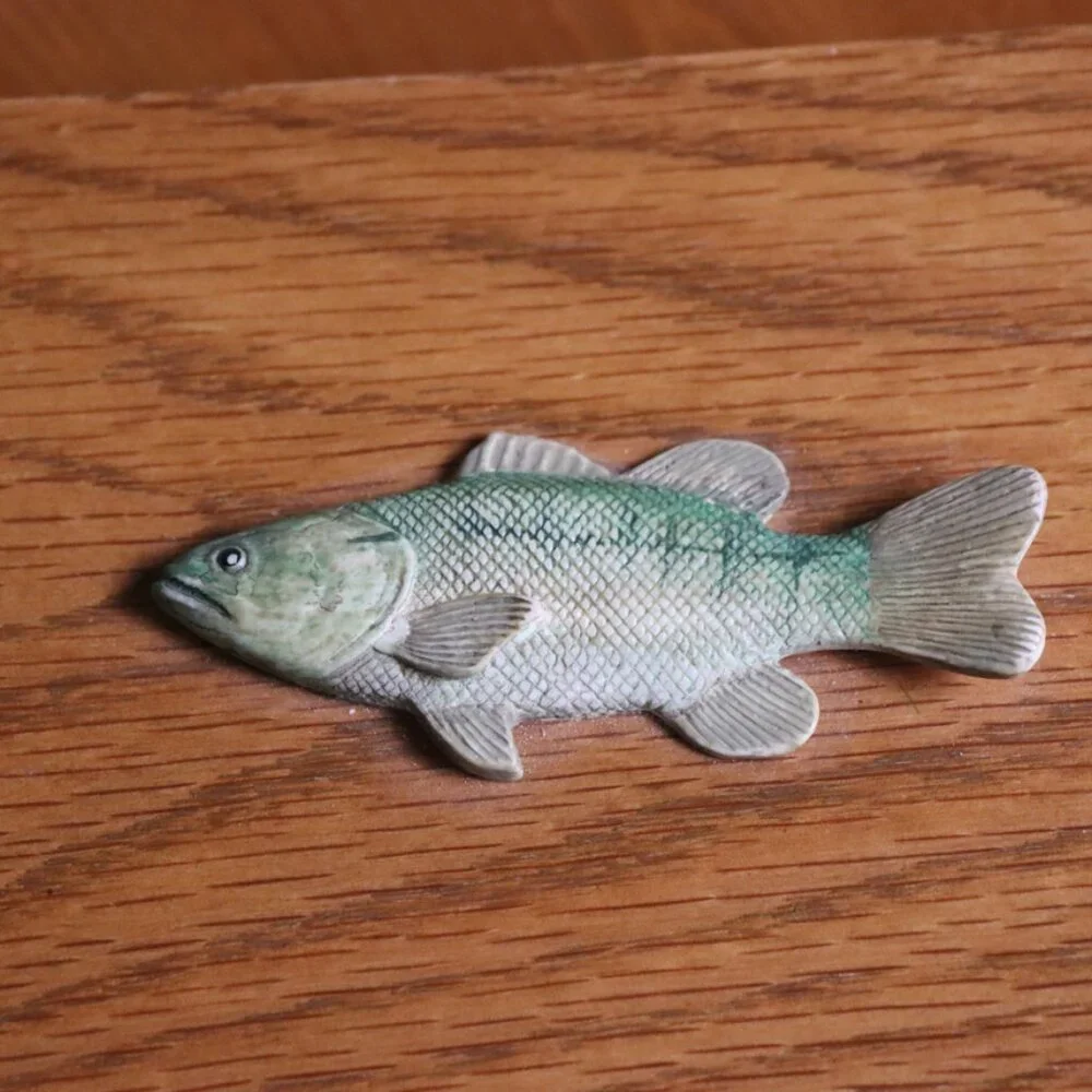 Wooden box for desk with letter opener, small carved fish on top, lid opens,